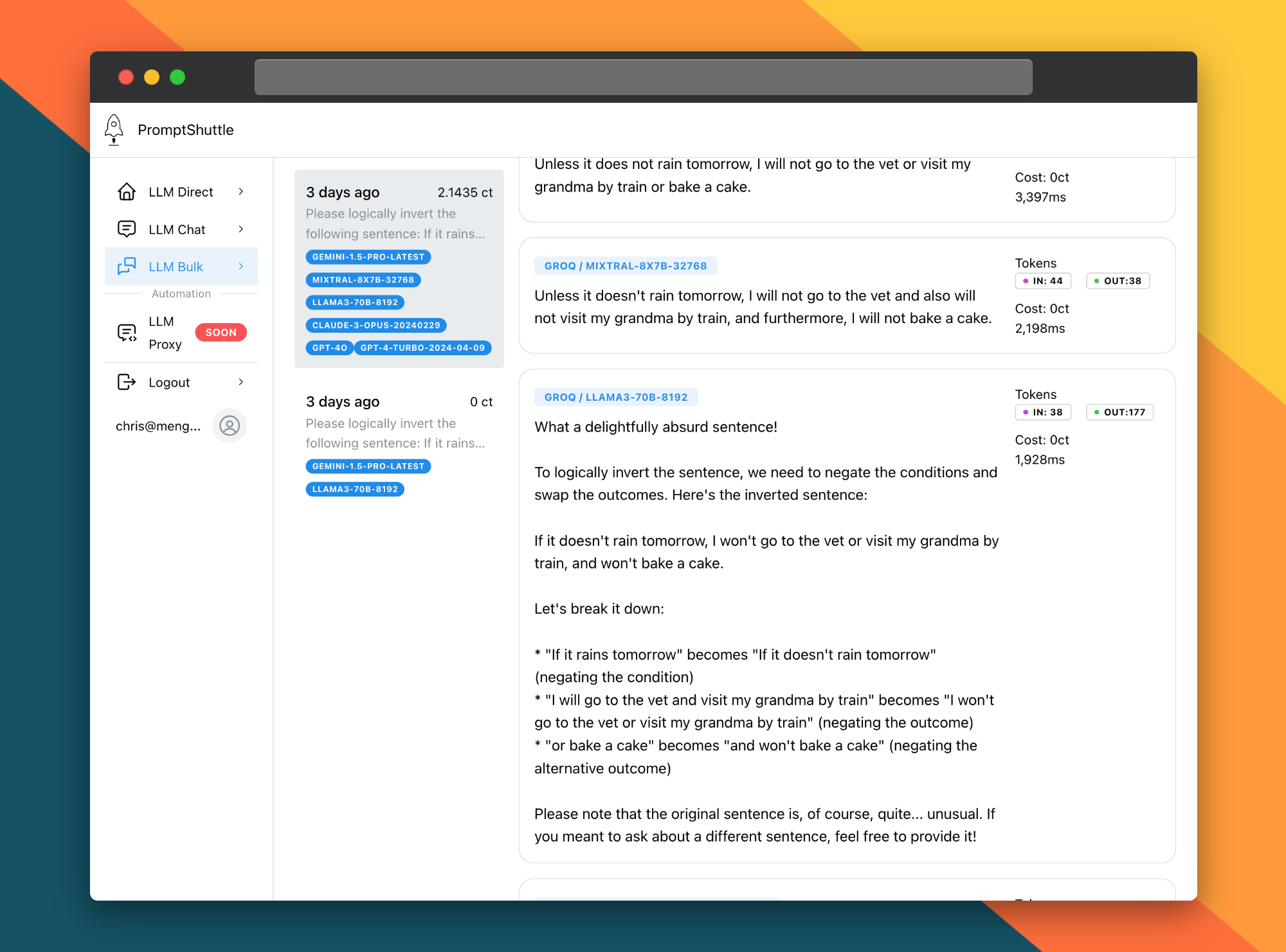 A screenshot of PromptShuttle showing how one prompt was sent to five different LLMs at once for comparison