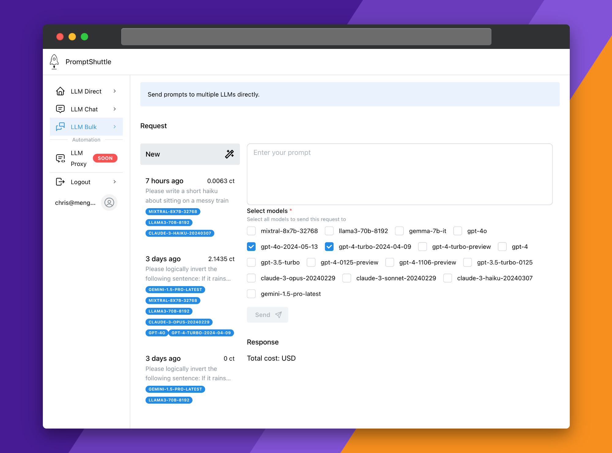 A screenshot showing how to select different LLMs / models when prompting