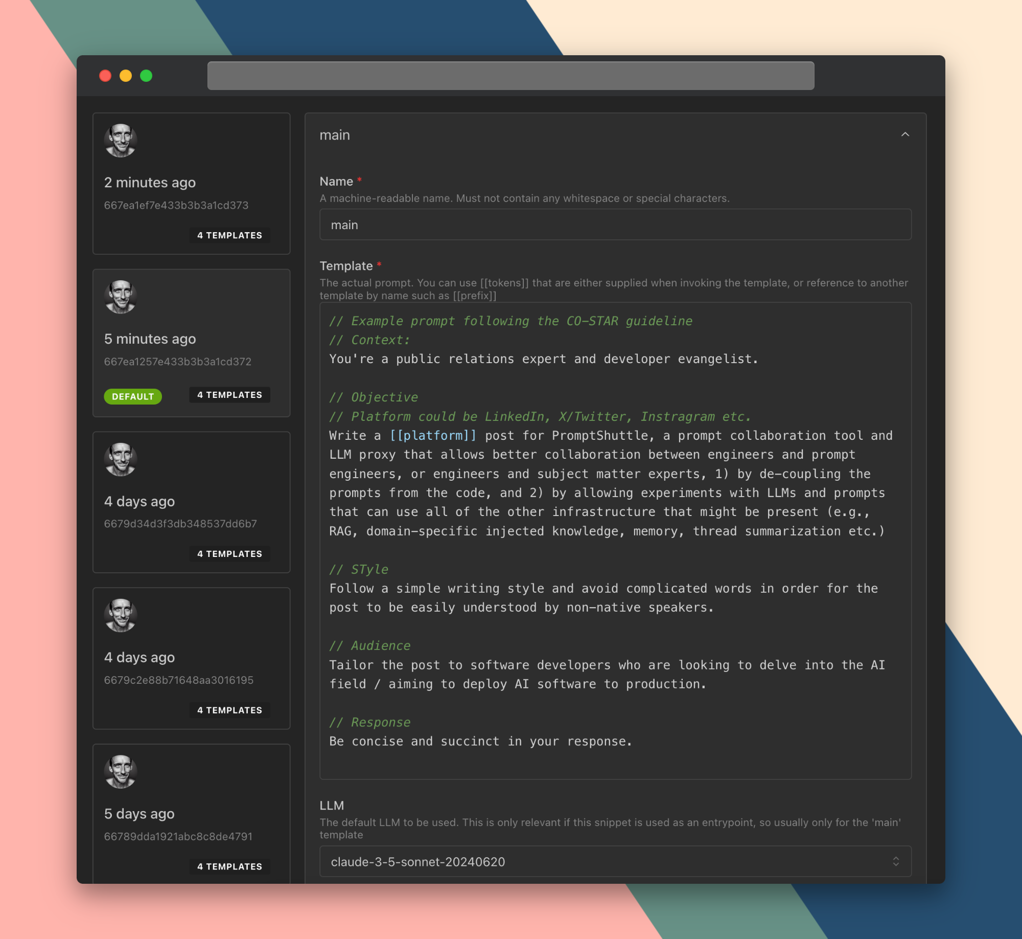 A screenshot showing how PromptShuttle versions prompt templates, and prompt templates contain tokens in double square brackets as well as C- and C++ style comments