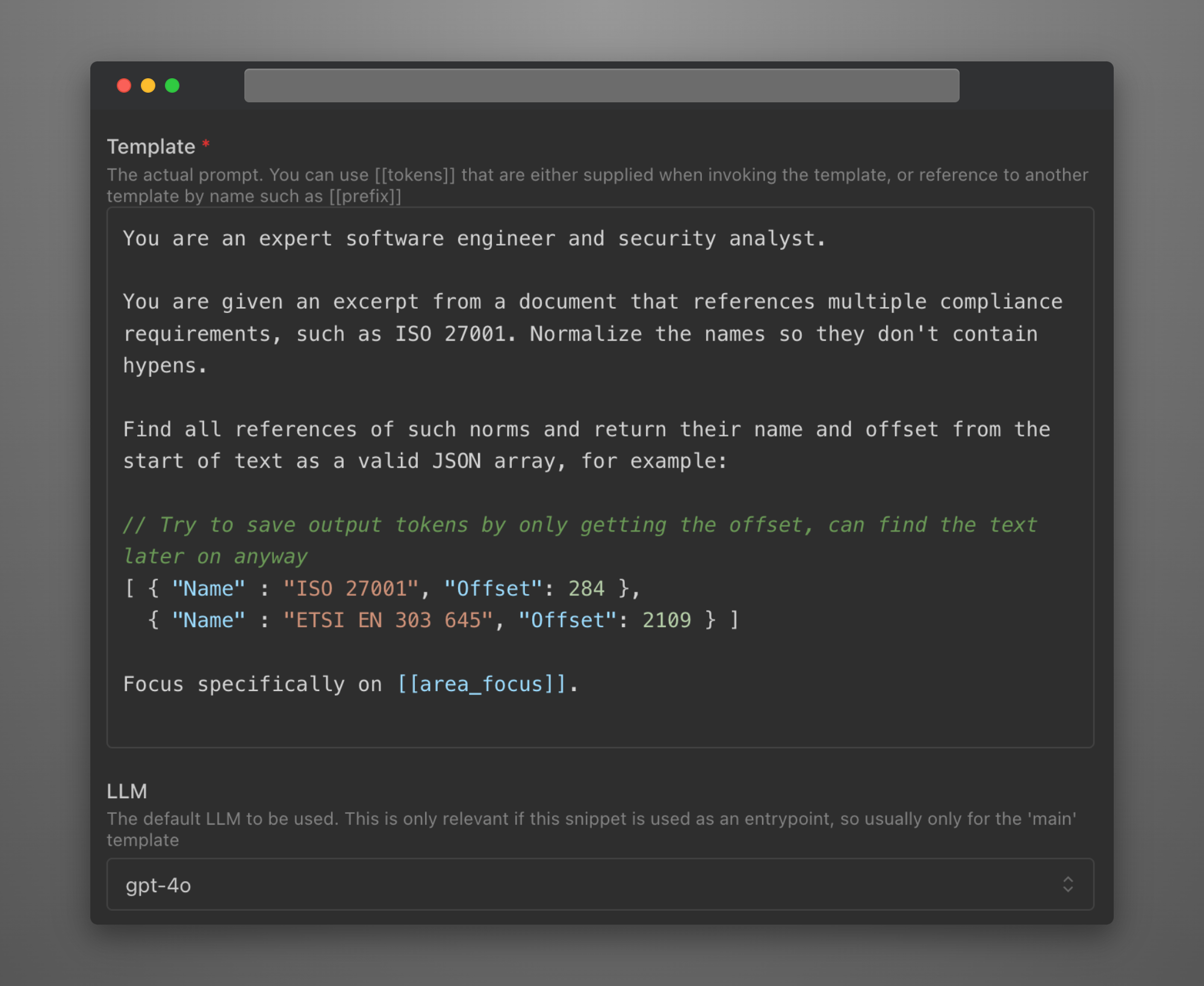 A screenshot of the prompt editor showing highlighted tokens in double square brackets, a highlighted C++ style comment and syntax highlighting for an embedded JSON